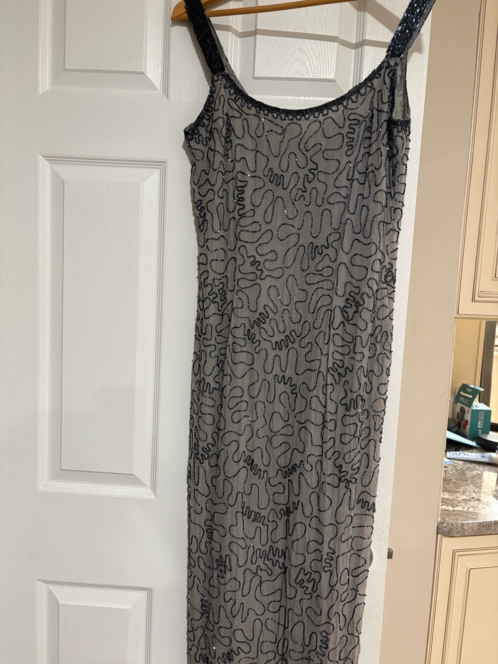 Adrianna Papell Silk Gray  Beaded Tulle gown